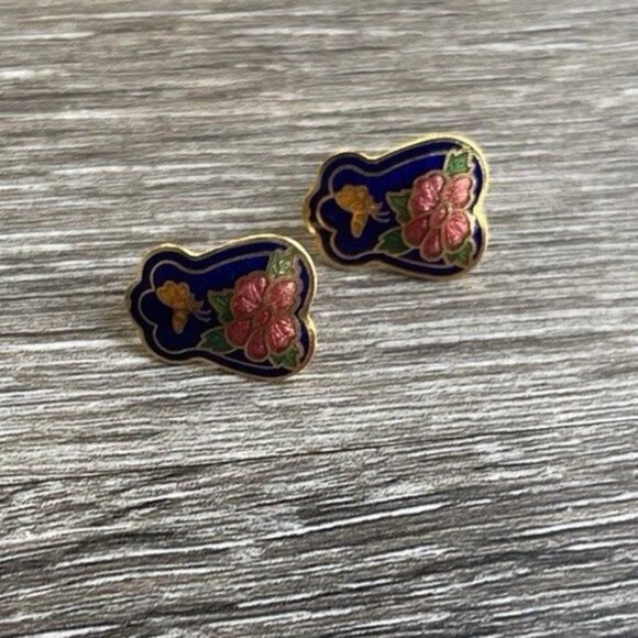 Vintage Cloisonne Earrings 70s Enamel Butterfly Floral Pin Post Backs - Picture 6 of 7